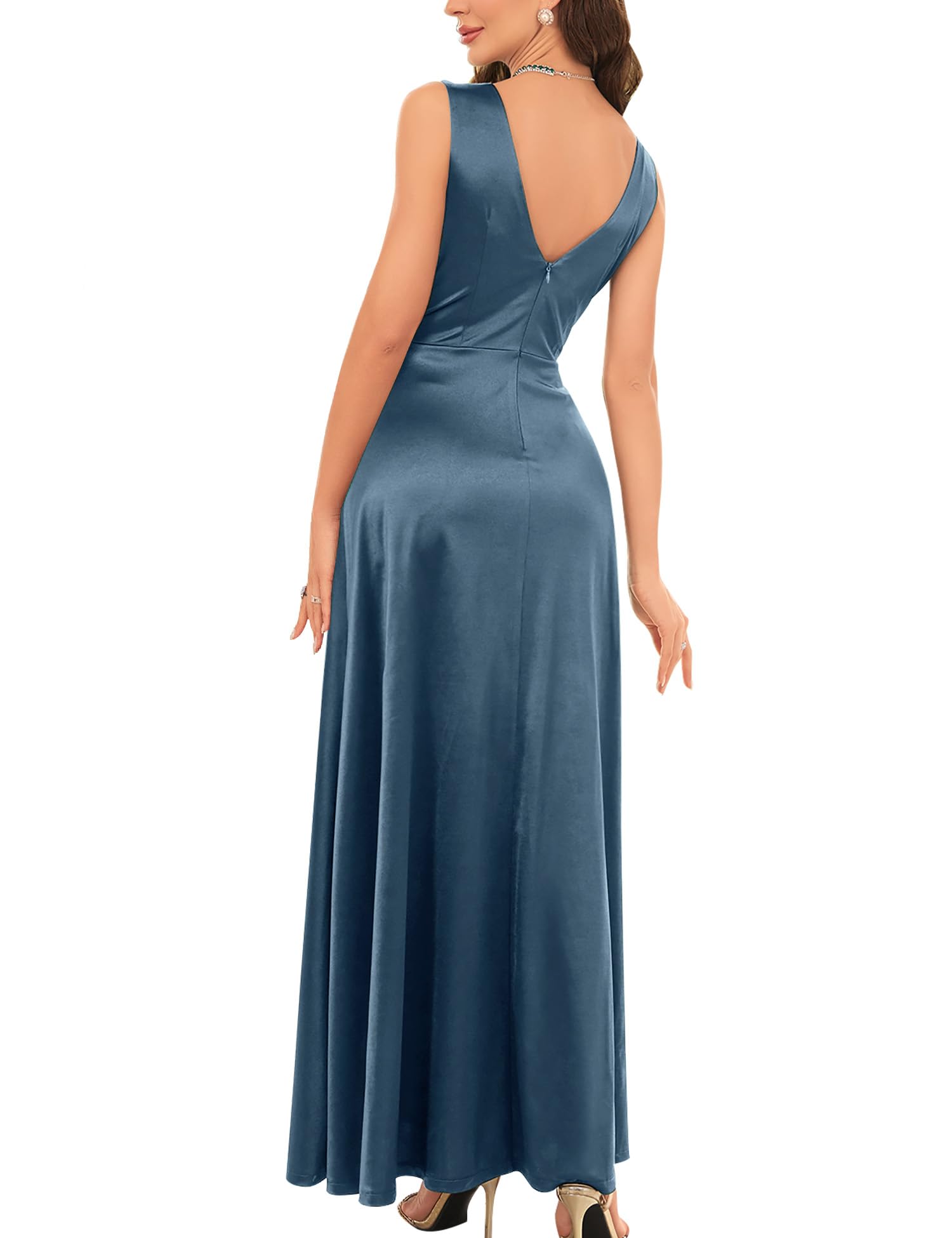 Dusty Blue Women's Elegant Wrap V Neck Prom High Slit Long Dress For Evening Dresses